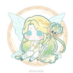 1girl aqua_eyes aqua_shoes bare_shoulders blonde_hair blue_wings blush_stickers chibi chinese_commentary circle clothing_cutout clover clover_brooch clover_earrings commentary_request dress eyelashes fairy fairy_wings first_light_of_dawn_(shining_nikki) fishnet_pantyhose fishnets four-leaf_clover gold gradient_hair green_dress green_hair hand_on_own_chest holding holding_staff long_dress long_hair long_sleeves multicolored_hair nikki_(series) pantyhose parted_lips pointy_ears shining_nikki shoes shoulder_cutout sitting solid_circle_eyes solo staff two-tone_hair very_long_hair watermark weibo_watermark white_background white_pantyhose wings xiaoyu_qixing