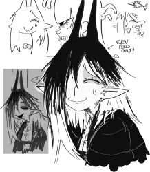 1girl akunobeato breasts embarrassed fish_girl greyscale hair_over_one_eye horns monochrome monster_girl multicolored_hair multiple_views original smile splashy_(worldgore) stitches sweat two-tone_hair white_background
