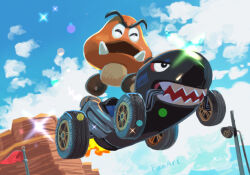 blue_sky cliff cloud exhaust fangs fire flag gleam go-kart goomba jumping mario_(series) mario_kart mario_kart_world nintendo sky wheel ya_mari_6363