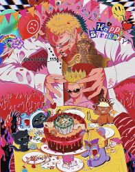 1boy ? absurdres balloon blonde_hair cake character_doll coat crown cup diamante donquixote_doflamingo drinking_glass dual_persona earrings food happy_birthday highres jewelry korokoro_1116 male_focus minimized noose one_piece open_mouth pica pink_coat pink_shirt plate sad shirt short_hair sunglasses sword table teeth throne toasting_(gesture) tongue tongue_out toy trebol twitter_username vergo weapon white_shirt wine_glass