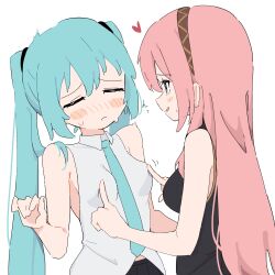 2girls blue_hair blue_necktie blush breast_poke breasts closed_eyes collar giryu hairband hatsune_miku heart highres long_hair medium_breasts megurine_luka multiple_girls necktie pink_hair poking shirt simple_background sleeveless trembling twintails vocaloid white_background yuri