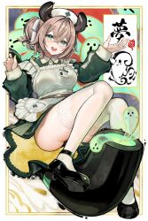 Rule 34 | 1girl, animal ears, apron, breasts, brown hair, dress, green dress, green eyes, green nails, hat, highres, indie virtual youtuber, large breasts, name tag, naplings (nimi nightmare), nimi nightmare, nurse cap, robot cat (robotcatart), side ponytail, smoking pipe, thighhighs, virtual youtuber, white apron, white thighhighs