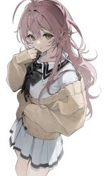 Rule 34 | 1girl, absurdres, antenna hair, black bow, black bowtie, bow, bowtie, buttons, cardigan, closed mouth, cowboy shot, cowlick, crossed bangs, hair between eyes, hair over shoulder, hand on own face, hand up, highres, kimi to kanojo to kanojo no koi., long hair, long sleeves, looking at viewer, messy hair, mukou aoi (totono), nitroplus, off shoulder, pink hair, pleated skirt, qure (qxfixh), sailor collar, school uniform, serafuku, shirt, simple background, skirt, solo, white background, white sailor collar, white serafuku, white shirt, white skirt, yellow cardigan, yellow eyes