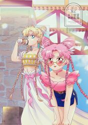 Rule 34 | 1girl, 2girls, alternate costume, alternate hairstyle, bishoujo senshi sailor moon, blonde hair, blue eyes, blue skirt, braided twintails, chibi usa, choker, collarbone, cone hair bun, cup, disposable coffee cup, disposable cup, double bun, drinking, hair bun, highres, koya, long hair, long skirt, midriff, miniskirt, multiple girls, navel, parted bangs, pink hair, pink shirt, red eyes, shirt, skirt, sunglasses, tsukino usagi, white skirt