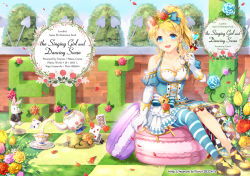 1girl alice_(alice_in_wonderland) alice_(alice_in_wonderland)_(cosplay) alice_in_wonderland alternate_costume ayase_eli bad_id bad_pixiv_id bare_shoulders blonde_hair blue_eyes breasts cleavage collarbone commentary_request cosplay detached_sleeves elbow_gloves english_text female_focus full_body gloves hair_ornament long_hair looking_at_viewer love_live! love_live!_school_idol_project medium_breasts open_mouth oversized_object ponytail single_thighhigh sitting solo striped_clothes striped_thighhighs thighhighs trianon
