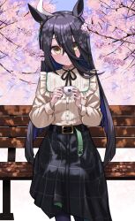 1girl ahoge animal_ears belt bench black_belt black_hair black_ribbon black_skirt blush cherry_blossoms closed_mouth commentary_request cowboy_shot cup day earrings frilled_shirt frills hair_between_eyes highres holding holding_cup horse_ears horse_girl jewelry kuronosu_(yamada1230) long_hair long_hair_between_eyes long_sleeves looking_at_viewer manhattan_cafe_(umamusume) multicolored_hair official_alternate_costume on_bench outdoors plaid_clothes plaid_skirt puffy_sleeves ribbon shirt single_earring sitting skirt smile solo streaked_hair two-tone_hair umamusume white_hair wooden_bench yellow_eyes yellow_shirt