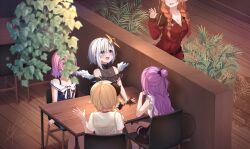 Rule 34 | 5girls, amane kanata, bare shoulders, black dress, blonde hair, brown jacket, brown pants, chiyonekoko, dress, grey hair, group picture, halo, highres, himemori luna, himemori luna (sundress), hololive, horns, indoors, jacket, kiryu coco, multiple girls, on chair, orange hair, pants, pointy ears, purple hair, sheep girl, sheep horns, shirt, signature, sitting, star halo, table, tokoyami towa, tsunomaki watame, virtual youtuber, white shirt, yellow halo