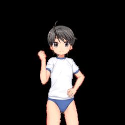 Rule 34 | 1girl, animated, animated gif, black background, black eyes, black hair, blue buruma, blush, breasts, buruma, closed eyes, complets, gym uniform, hand on own hip, looking at viewer, lowres, shin yagai gakushuu ~nudist camp hen~, shirt, short hair, short sleeves, slideshow animation, small breasts, solo, standing, tomboy, touka kagami, white shirt