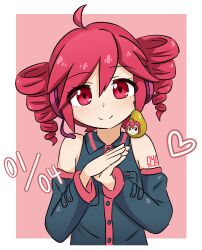 1girl aged_down blue_eyes breasts closed_mouth female_focus heart jua kasane_teto looking_at_viewer medium_hair nose red_background red_eyes red_hair small_breasts smile solo standing vocaloid