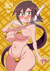 Rule 34 | 1girl, absurdres, aile (mega man zx), bikini, breasts, brown hair, buzzlyears, cameltoe, covered erect nipples, cowboy shot, gold bikini, green eyes, highres, large breasts, long hair, mega man (series), mega man zx, mega man zx advent, micro bikini, motion lines, ponytail, robot ears, simple background, surprised, swimsuit, trembling, yellow background