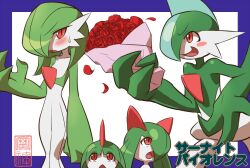 Rule 34 | bad id, bad pixiv id, blush, bob cut, bouquet, colored skin, dress, flower, gallade, gardevoir, gen 3 pokemon, gen 4 pokemon, green hair, green skin, hair over one eye, horns, kirlia, majin (marcia), multicolored skin, nintendo, petals, pokemon, pokemon (creature), ralts, red eyes, red flower, red petals, red rose, rose, sidelocks, sweatdrop, two-tone skin, white dress, white skin