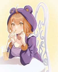 1girl ahoge breasts cup drink drinking_straw highres honkai_(series) honkai_impact_3rd jacket juice large_breasts long_sleeves orange_eyes orange_hair orange_juice pink_shirt purple_jacket shirt sitting solo susannah_manatt table wanzituanzimax yellow_background
