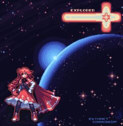 1girl ankle_boots black_pantyhose boots bow braid cape comet_summoner98 cross dress english_text gloves long_hair long_sleeves okazaki_yumemi pantyhose pixel_art planet red_eyes red_hair ribbon shirt skirt smile solo space star_(sky) touhou touhou_(pc-98) vest white_gloves
