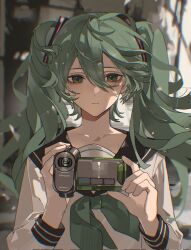 Rule 34 | 1girl, aegyo sal, black sailor collar, black sleeve cuffs, blurry, blurry background, camcorder, camera, chouti ttt, closed mouth, collarbone, collared shirt, depth of field, dot nose, expressionless, green eyes, green hair, green neckerchief, hair between eyes, hair ornament, hands up, hashtag-only commentary, hatsune miku, highres, holding, holding camera, long hair, long sleeves, looking at viewer, neckerchief, sailor collar, school uniform, serafuku, shirt, sidelocks, solo, twintails, upper body, video camera, vocaloid, white shirt, wind