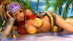00s 1girl 3d bare_shoulders blonde_hair braid breasts cleavage female_focus final_fantasy final_fantasy_x final_fantasy_x-2 head_rest legs looking_at_viewer lying navel outdoors reflection rikku_(ff10) solo water