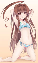 10s 1girl ahoge armpits arms_behind_head arms_up barefoot bikini blush breasts brown_eyes brown_hair closed_mouth collarbone female_focus frilled_bikini frills gluteal_fold gradient_background head_tilt heart highres huge_ahoge kantai_collection kneeling ko_yu kuma_(kancolle) long_hair looking_at_viewer medium_breasts navel smile solo swimsuit very_long_hair