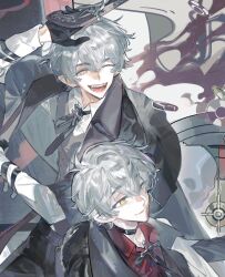2boys black_gloves choker coat collared_shirt cross earrings gloves grey_hair hair_between_eyes hat jacket jewelry long_sleeves male_focus multiple_boys one_eye_closed open_mouth original pointy_ears qyzhiaiyisheng red_shirt ribbon shirt short_hair smile vest white_hair white_shirt yellow_eyes