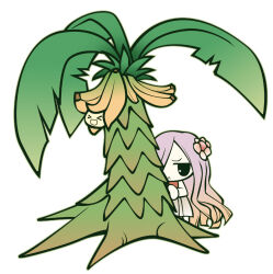 1girl :&lt; banana black_eyes chibi chibi_only closed_mouth dress food fruit full_body grey_dress lady_tanee long_hair looking_at_viewer miu_(pixiv16308) palm_tree peeking_out pink_hair ragnarok_online simple_background solo third-party_source tree white_background