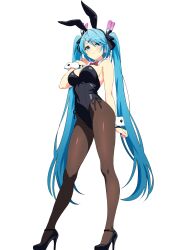 1girl alternate_costume animal_ears black_leotard black_shoes blue_eyes blue_hair bow bowtie breasts brown_pantyhose cleavage detached_collar fake_animal_ears full_body hair_ornament hairclip high_heels highres hikari_(starward) leotard light_frown long_hair looking_at_viewer medium_breasts pantyhose playboy_bunny rabbit_ears red_bow red_bowtie revision shoes simple_background solo standing starward strapless strapless_leotard suiu_shinotsuku twintails very_long_hair white_background wrist_cuffs