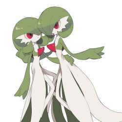 bob_cut colored_skin dress gardevoir gen_3_pokemon green_hair green_skin hair_over_one_eye highres mmmggom multicolored_skin nintendo pokemon pokemon_(creature) red_eyes simple_background two-tone_skin white_background white_dress white_skin