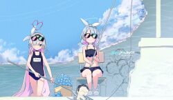 2girls arona_(blue_archive) blue_archive blue_hair blue_one-piece_swimsuit blue_sky bucket chair cloud doodle_sensei_(blue_archive) fishing_rod hair_ribbon halo heart heart_halo highres kilabo kneeling logo long_hair multiple_girls net one-piece_swimsuit plana_(blue_archive) pyroxene_(blue_archive) ribbon ruins school_chair school_swimsuit sensei_(blue_archive) sitting sky sunglasses swimsuit white_hair white_ribbon