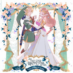 1boy 1girl armor belt blonde_hair breasts brown_hair circlet closed_eyes dress elbow_gloves gloves green_hat green_tunic hand_on_another&#039;s_shoulder hand_on_another&#039;s_waist hat headpiece highres holding_hands layered_clothes link long_hair low-braided_long_hair low-tied_long_hair manodemarina nintendo pants phrygian_cap pointy_ears princess_zelda scabbard sheath short_hair shoulder_armor shoulder_belt the_legend_of_zelda the_legend_of_zelda:_twilight_princess tunic white_gloves white_pants