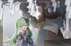 2girls absurdres aged_down alternate_costume bare_shoulders black_skirt blue_bow blue_eyes blue_kimono blurry bow box breasts child closed_mouth commentary crossed_arms depth_of_field donation_box double-parted_bangs english_commentary frilled_sleeves frills frog_hair_ornament green_hair hair_bow hair_ornament hair_tubes highres holding japanese_clothes kimono kochiya_sanae large_breasts long_hair lower_teeth_only mirror multiple_girls no_noru off_shoulder open_mouth outdoors purple_hair red_shirt red_sleeves rope shide shimenawa shirt shrine single_hair_tube single_sidelock skirt sleeveless sleeveless_shirt smile sparkle teeth touhou very_long_hair wide_sleeves yasaka_kanako
