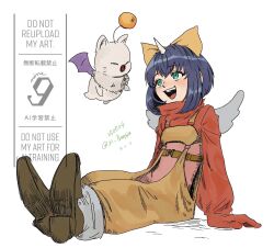 1girl blue_hair bodysuit boots bow brown_boots creature cropped_sweater dated eiko_carol final_fantasy final_fantasy_ix full_body green_eyes hair_bow highres horns ix_freesia mini_wings moogle open_mouth overalls pink_bodysuit red_sweater short_hair single_horn sitting smile sweater turtleneck turtleneck_sweater twitter_username white_background wings yellow_bow yellow_overalls