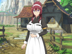 1girl arm_at_side breasts closed_mouth expressionless feet_out_of_frame female_focus glasses grass hair_between_eyes hand_up headband high_ponytail highres house large_breasts lillia_greyrat long_hair long_sleeves looking_at_viewer mushoku_tensei outdoors ponytail puffy_long_sleeves puffy_sleeves purple_eyes red_hair semi-rimless_eyewear solo standing upside_down_(gian2)