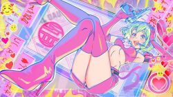 Rule 34 | 1girl, boots, character request, elbow gloves, emoji, eyecatch, gloves, green eyes, green hair, gun, headset, holding, holding gun, holding weapon, holster, looking at viewer, midriff, navel, official art, open mouth, short hair, solo, teeth, thigh boots, thighs, upper teeth only, weapon