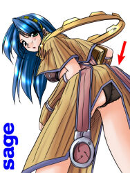 1girl 2000s_(style) accidental_exposure ass bent_over black_panties blue_hair blush breasts brown_capelet brown_gloves brown_skirt capelet character_name commentary_request cowboy_shot fingerless_gloves gloves green_eyes leaning_forward long_hair looking_at_viewer looking_back medium_breasts panties ragnarok_online sage_(ragnarok_online) simple_background skirt solo striped_capelet striped_clothes striped_gloves striped_skirt tatsumi_ray underwear white_background