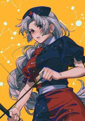 1girl arrow_(projectile) blue_eyes blue_hat blue_shirt blue_skirt bow_(weapon) braid braided_ponytail breasts constellation constellation_print cowboy_shot cross curtained_hair grey_hair hat highres holding holding_arrow holding_bow_(weapon) holding_weapon large_breasts long_hair looking_at_viewer noriuma nurse_cap parted_lips puffy_short_sleeves puffy_sleeves red_cross red_shirt red_skirt shirt short_sleeves skirt solo standing touhou twitter_username two-tone_shirt two-tone_skirt very_long_hair weapon yagokoro_eirin yellow_background