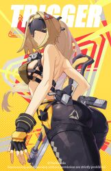 1girl absurdres ass bare_back black_blindfold black_gloves black_pants blindfold blonde_hair camouflage camouflage_pants character_name covered_eyes eye_mask facing_ahead fingerless_gloves from_below gloves gun gunblade highres holding holding_gun holding_weapon long_hair median_furrow pants parted_lips ponytail rifle sniper_rifle solo thedicardo tight_clothes tight_pants trigger_(zenless_zone_zero) turning_head twitter_username weapon yellow_background zenless_zone_zero