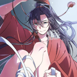Rule 34 | 2boys, ahoge, alternate costume, arm up, bare legs, bishounen, black hair, blurry, bound, bound legs, chinese clothes, closed mouth, dated, depth of field, floating, floating hair, folding fan, grey eyes, hair between eyes, hair ornament, hair ribbon, hand fan, hanfu, high ponytail, holding, holding fan, holding ribbon, implied yaoi, kimako (kimako 8), knees up, light particles, long hair, long sleeves, looking at viewer, male focus, modao zushi, multiple boys, out of frame, ponytail, pov, pov hands, red hanfu, red ribbon, ribbon, ribbon bondage, sidelocks, smile, solo focus, tassel, tassel hair ornament, twitter username, underwater, water, watermark, wei wuxian, white ribbon, wide sleeves