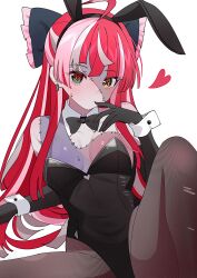 1girl absurdres ahoge alternate_costume animal_ear_hairband animal_ears arm_rest bare_shoulders black_bow black_bowtie black_gloves black_leotard blush bow bowtie breasts colored_skin commentary detached_collar diamond-shaped_pupils diamond_(shape) earrings elbow_gloves fake_animal_ears finger_to_mouth fishnet_pantyhose fishnets frilled_bow frills gloves hair_bow hairband half_updo hana20000920 heart heterochromia highres hololive hololive_indonesia jewelry kureiji_ollie leotard long_hair looking_at_viewer messy_bangs multicolored_hair pantyhose patchwork_skin playboy_bunny rabbit_ear_hairband rabbit_ears red_hair simple_background small_breasts solo spread_legs stitched_arm stitched_chest stitched_face stitches streaked_hair sweat symbol-only_commentary symbol-shaped_pupils torn_clothes torn_pantyhose two-tone_hair virtual_youtuber white_background white_hair wrist_cuffs x-shaped_pupils yellow_eyes zombie