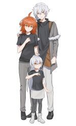 1boy 2girls absurdres black_pants black_shirt breasts fate/grand_order fate_(series) father_and_daughter fujimaru_ritsuka_(female) highres if_they_mated kadoc_zemlupus large_breasts mother_and_daughter multiple_girls noir_(noir_reveur) orange_eyes orange_hair original pants ponytail shirt white_hair white_pants