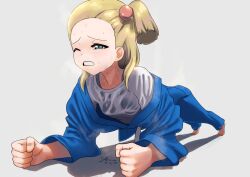 Rule 34 | 1girl, barefoot, battle girl (pokemon), blonde hair, blue eyes, blue jacket, blue pants, clenched hands, clenched teeth, commentary request, commission, eyelashes, grey background, hair bobbles, hair ornament, jacket, nintendo, one eye closed, one side up, pants, planking, pokemon, pokemon xy, shirt, skeb commission, steaming body, sweat, teeth, textless version, wet, wet clothes, wet shirt, yachi (fujiyasu0616)