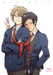 2boys ahoge black_hair blazer blue_eyes blush breast_pocket brown_eyes brown_hair collared_shirt cowboy_shot crossed_arms curtained_hair dated finger_puppet fingernails furrowed_brow grey_pants grey_sweater hand_in_pocket head_on_another&#039;s_shoulder jacket koizumi_itsuki kyon lapels leaning_on_person looking_at_viewer loose_necktie male_focus multiple_boys necktie nose_blush notched_lapels open_clothes open_jacket pants parted_bangs pocket puppet raised_eyebrows red_necktie school_uniform shirt short_hair signature simple_background smile standing suzumiya_haruhi_no_yuuutsu sweatdrop sweater unbuttoned untucked_shirt v v-neck v-shaped_eyebrows wavy_mouth white_background white_shirt wispy_bangs zkakq