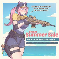 1girl absurdres adapted_costume alternate_costume angled_foregrip animal_ear_headphones animal_ears artist_name baseball_cap battle_rifle belt black_gloves black_sleeves blue_one-piece_swimsuit blush bodysuit border breasts cat_ear_headphones cat_ears charm_(object) cloud company_name copyright_name cowboy_shot day detached_sleeves diving_suit elbow_sleeve english_text fake_animal_ears gloves gun h&amp;k_hk417 handgun hat headphones highres holding holding_gun holding_weapon holster holstered hybrid_sight large_breasts localspaghetto long_hair looking_ahead magazine_(weapon) multicolored_swimsuit ocean one-piece_swimsuit outdoors outside_border parted_lips pink_hair ponytail purple_eyes purple_hat rail_(weapon) rifle scope short_sleeves sky solo standing steam_(platform) steam_delivery_girl swimsuit thigh_holster thigh_strap thighs trigger_discipline water weapon wetsuit white_border