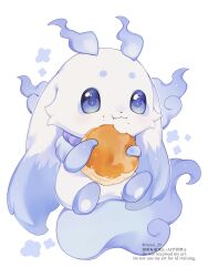 1other blue_eyes chibikemo closed_mouth eating food hashtag-only_commentary highres holding holding_food iwasi_29 lunlun_(nijisanji) nijisanji other_focus pancake simple_background solo twitter_username watermark white_background