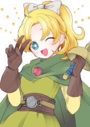 1girl belt blonde_hair blue_eyes blush bow brown_gloves cape commentary_request dragon_quest dragon_quest_ii dress gem gloves green_cape green_dress hair_bow high_ponytail highres holding holding_sword holding_weapon long_hair long_sleeves looking_at_viewer momoman3000 one_eye_closed open_mouth ponytail princess_of_samantoria red_gemstone simple_background smile solo star_(symbol) sword upper_body v weapon white_background white_bow