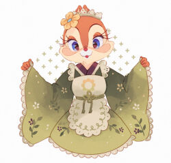 Rule 34 | 1girl, alternate costume, blue eyes, chipmunk ears, chipmunk girl, cla321rice, clarice (disney), disney, eyelashes, flower, hair ornament, japanese clothes, kimono, looking at viewer, mickey mouse &amp; friends, open mouth, simple background, smile, solo, white background, yukata