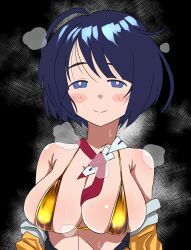 1girl bikini black_background black_hair blue_eyes blush breasts bright_pupils closed_mouth commentary_request gold_bikini gundam gundam_gquuuuuux highres large_breasts looking_at_viewer mature_female messy_hair shiiko_sugai short_hair simako1227 smile solo sweat swimsuit upper_body white_pupils