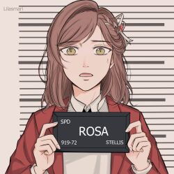 1girl :o absurdres artist_name barbie_mugshot_(meme) bow brown_hair character_name commentary english_commentary green_eyes hair_bow highres holding jacket lilasmari long_hair long_sleeves looking_at_viewer meme mugshot open_mouth red_jacket rosa_(tears_of_themis) solo sweat tears_of_themis upper_body