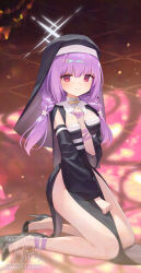 1girl ainy atsuko_(blue_archive) bare_legs black_dress black_shoes black_veil blue_archive blurry breasts capelet closed_mouth commentary_request depth_of_field detached_sleeves dress halo hand_on_own_chest hand_up high_heels highres kneeling long_sleeves medium_breasts no_panties nun pelvic_curtain purple_hair red_eyes shoes smile solo thighs veil wide_sleeves
