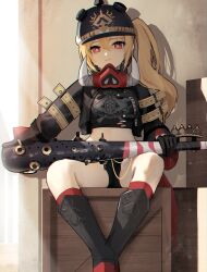 1girl absurdres black_boots black_gloves blonde_hair boots breasts club_(weapon) combat_helmet crop_top cropped_jacket gloves helmet highres long_hair looking_at_viewer luciana_de_montefio midriff_peek pickelhaube red_eyes shorts side_ponytail sitting small_breasts solo thomas_8000 very_long_hair weapon zenless_zone_zero