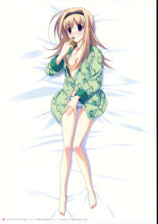 1girl 2000s_(style) 2008 :o absurdres animal_print barefoot bed bed_sheet black_hairband blonde_hair blue_panties blush breasts buttons chaos;head collarbone convenient_censoring dated ears_visible_through_hair feet frog gero-froggy green_pajamas green_shirt hair_between_eyes hair_censor hairband highres holding holding_bracelet knees long_hair looking_at_object matsuo_yukihiro nishijou_nanami no_bra non-web_source on_bed pajamas panties partially_unbuttoned print_shirt purple_eyes shirt small_breasts solo striped_clothes striped_panties thighs toenails toes underwear