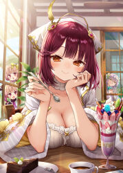 +_+ 4girls alt_(ctrldel) atelier_(series) atelier_lydie_&amp;_suelle atelier_sophie black_dress breasts brown_eyes cake cake_slice cheek_press choker cleavage closed_mouth collarbone cup day dress elbow_rest fingernails florks food fruit green_eyes green_ribbon hair_ornament hair_ribbon highres holding holding_spoon huge_breasts indoors long_sleeves looking_at_viewer lydie_malen medium_hair multiple_girls parfait pink_eyes pink_hair plachta plate ribbon smile solo_focus sophie_neuenmuller spoon strawberry strawberry_slice suelle_malen table teacup whipped_cream white_choker white_dress window