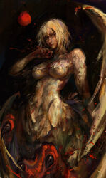1girl absurdres black_background black_claws blood clariondeluna claws closed_mouth dungeon_meshi falin_touden falin_touden_(chimera) feathered_wings feathers highres looking_at_viewer one_eye_closed short_hair solo solo_focus standing white_hair wings yellow_eyes