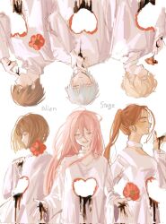 3boys 3girls alien_stage black_blood black_hair blonde_hair blood blood_on_hands brown_hair choker closed_eyes commentary copyright_name corrupted_twitter_file dress flower glasses grey_hair hashtag-only_commentary heart highres holding holding_flower hole_in_chest hole_on_body hyuna_(alien_stage) ivan_(alien_stage) long_hair long_sleeves luka_(alien_stage) mizi_(alien_stage) multiple_boys multiple_girls open_mouth pink_hair ponytail red_flower short_hair smile sua_(alien_stage) till_(alien_stage) very_short_hair white_choker white_dress x_x_(batttsu_404)